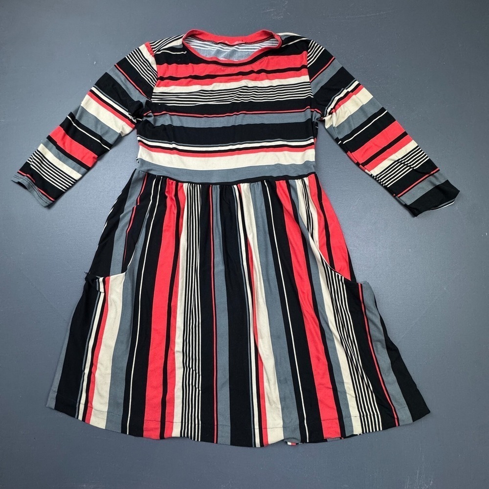 PaoLINO Women's M Red Black Gray Striped Knit Dress Long Sleeve Pocket Casual